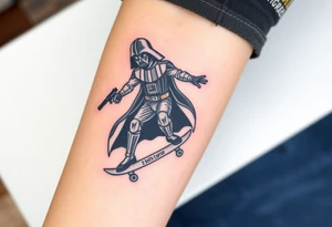Darth Vader skateboarding with gun> bullets > memorial > god > colors > futuristic/space/star wars
add name "Darth Carter" on skateboard
add date 12/29/88-01/06/24 tattoo idea