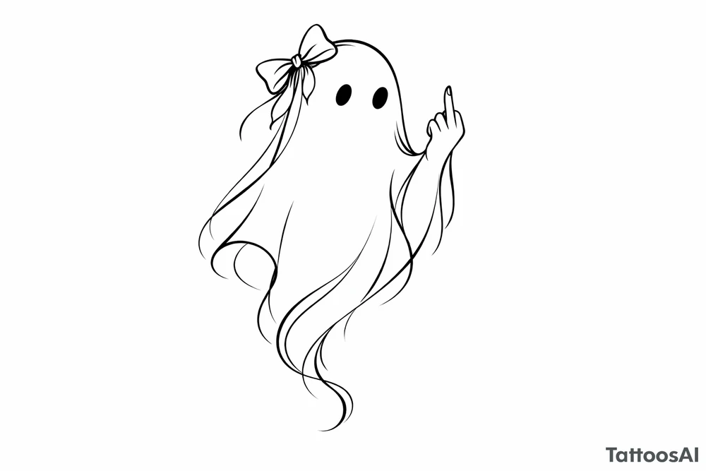 Abstract ghost outline, delicate bow, defiant middle finger. tattoo idea