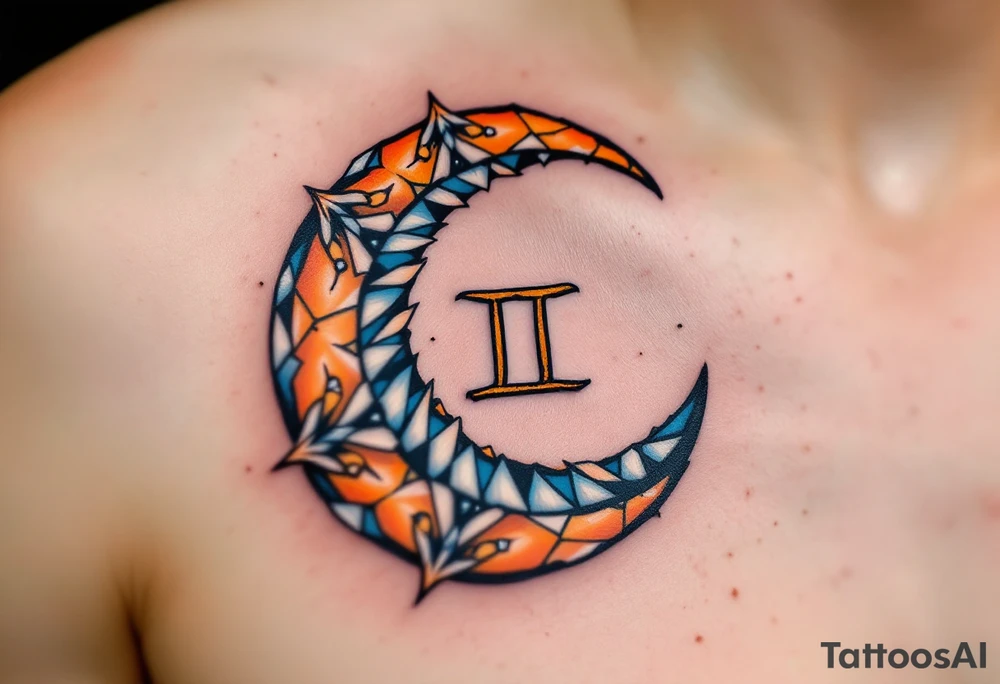 A crescent moon with a Gemini symbol in the center, accented with oranges, blues, and whites. tattoo idea