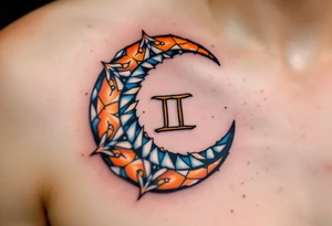 A crescent moon with a Gemini symbol in the center, accented with oranges, blues, and whites. tattoo idea