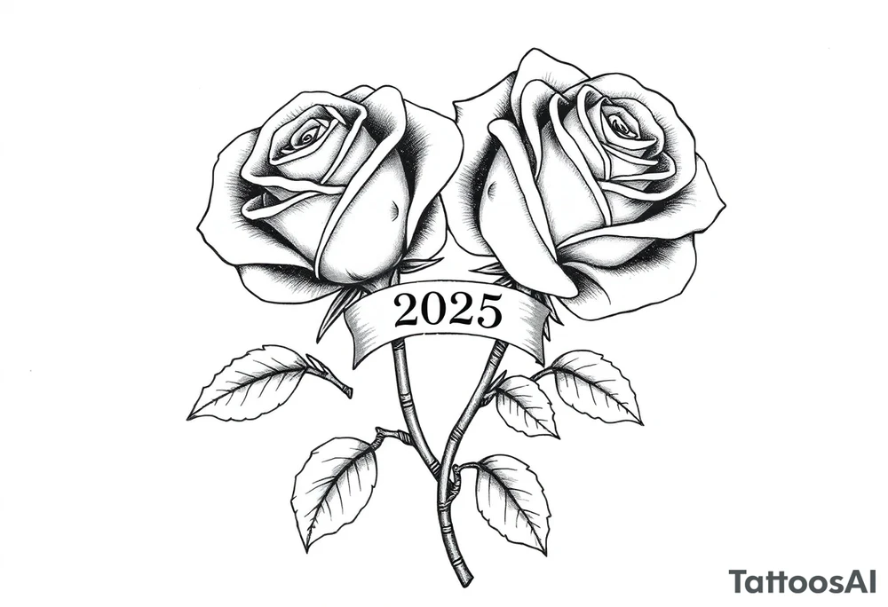 two big beautiful rose buds with leaves and separated by their cascading, intertwined stems joining as one. Add a small banner with the year "2025" on it, tying them together.  Add the following word "Rose" written in Kanji above the drawing. tattoo idea