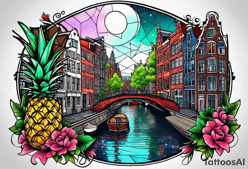 Tattoo of  animals and pineapples in Amsterdam buildings and canal featuring glass and colours of galaxy and universe colours tattoo idea