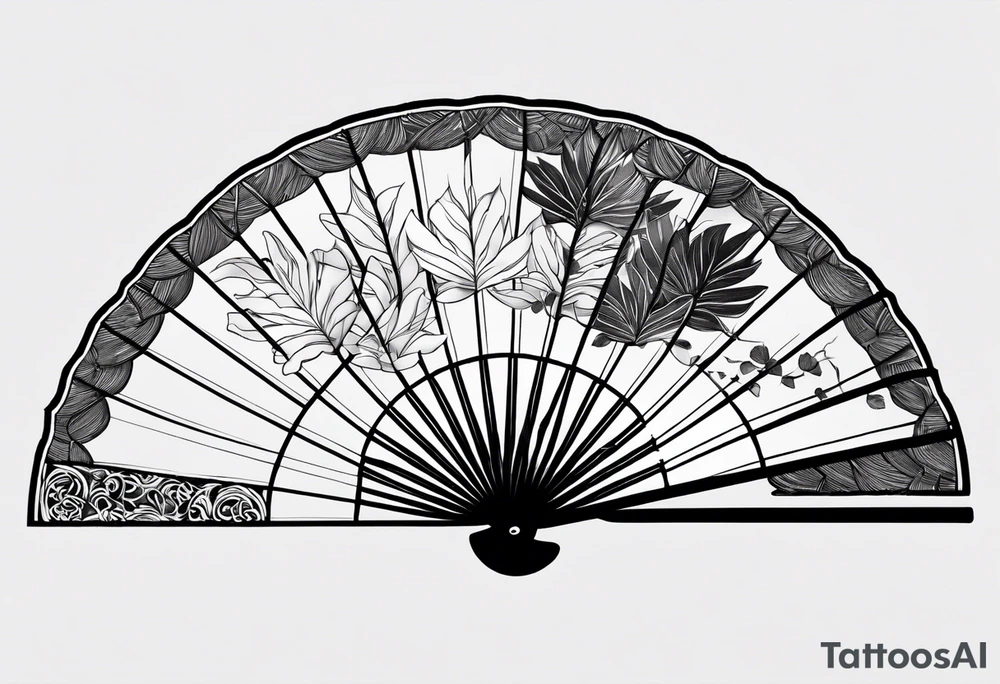 Japanese fan mostly black with basic leaves around it tattoo idea
