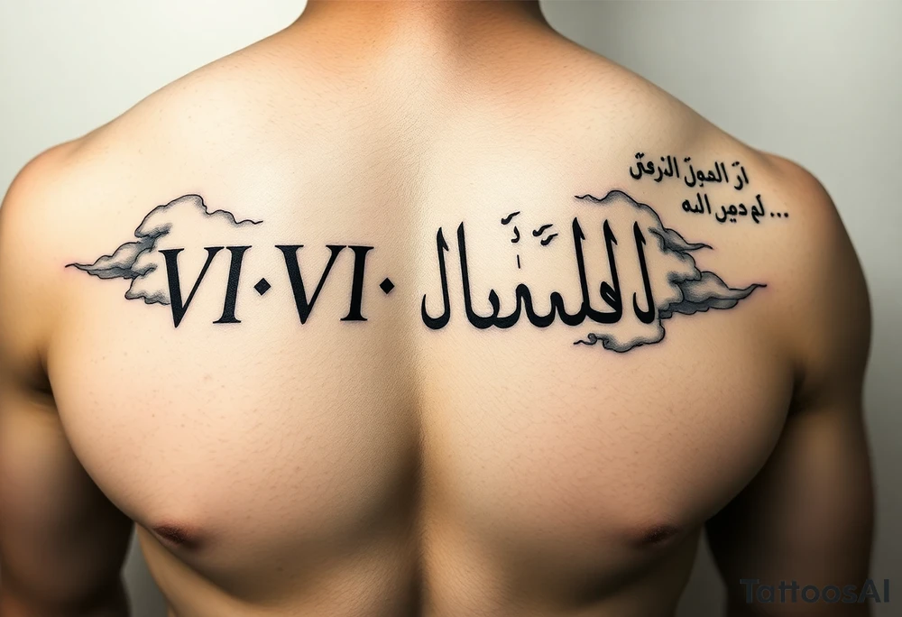 ruman numerals VI•VI•MCMLXXX above the right nipple overlapping from chest to shoulder, shaded up with clouds and somewhere on the same shoulder arabic writing لا تخف من شيء . tatoo should be on chest and not back and it should overlap into shoulder tattoo idea