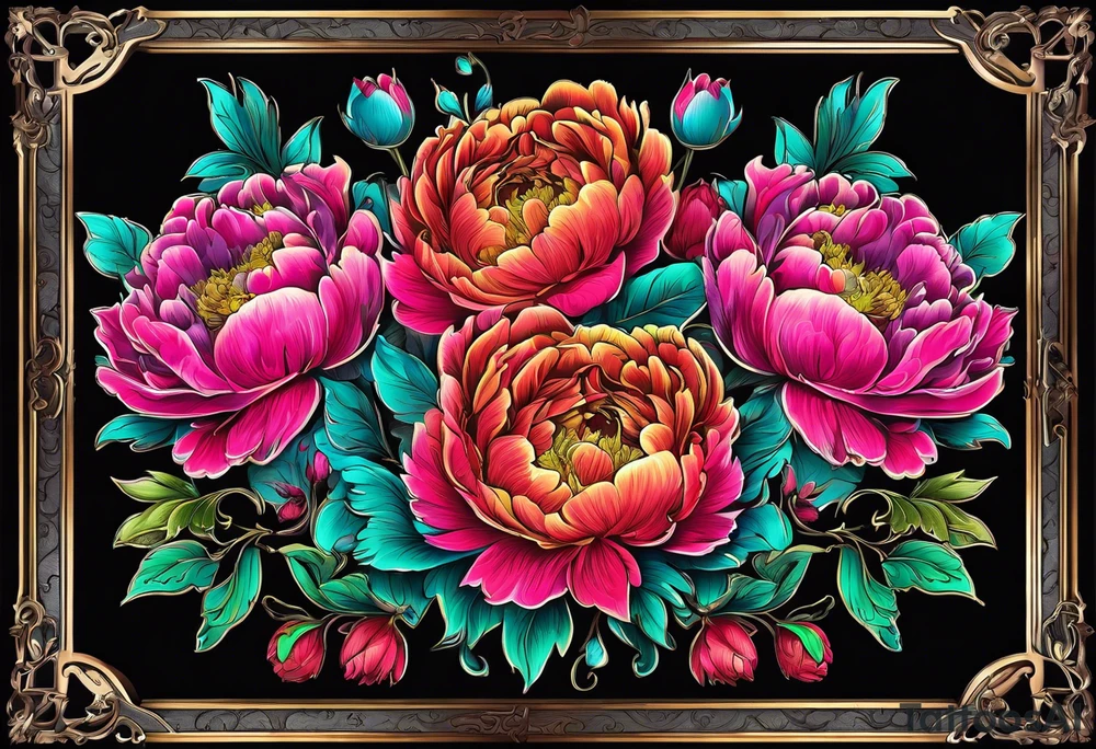 neon colorful peonies,neon colored, surrounding on the outside of a empty beautiful intricate rounded victorian style empty picture frame with filigree tattoo idea