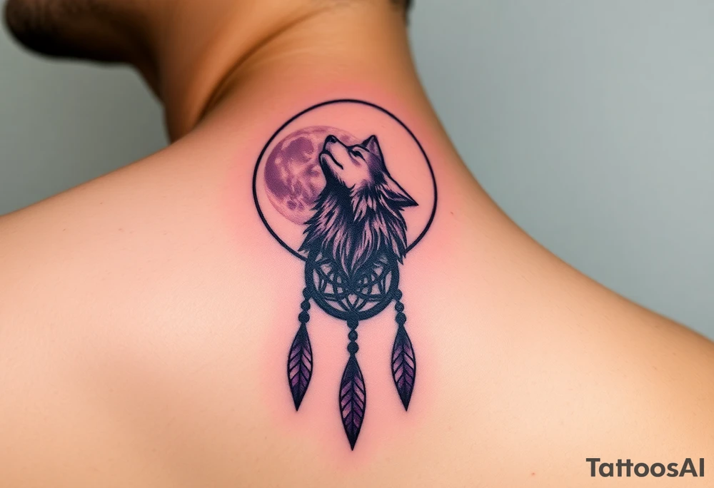 A full moon behind a wolf howling at the night sky, with dreamcatcher threads hanging below, colored in deep purples and silvery whites tattoo idea