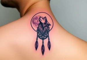 A full moon behind a wolf howling at the night sky, with dreamcatcher threads hanging below, colored in deep purples and silvery whites tattoo idea