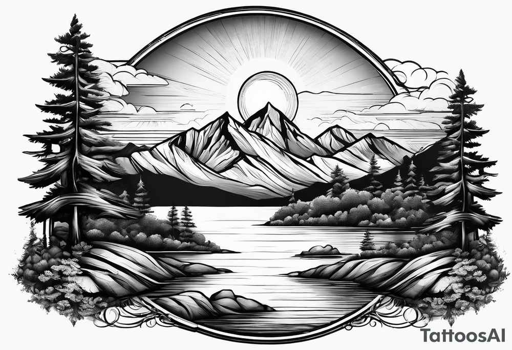 mountains and large trees and large sun with lake at bottom tattoo idea
