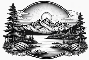 mountains and large trees and large sun with lake at bottom tattoo idea