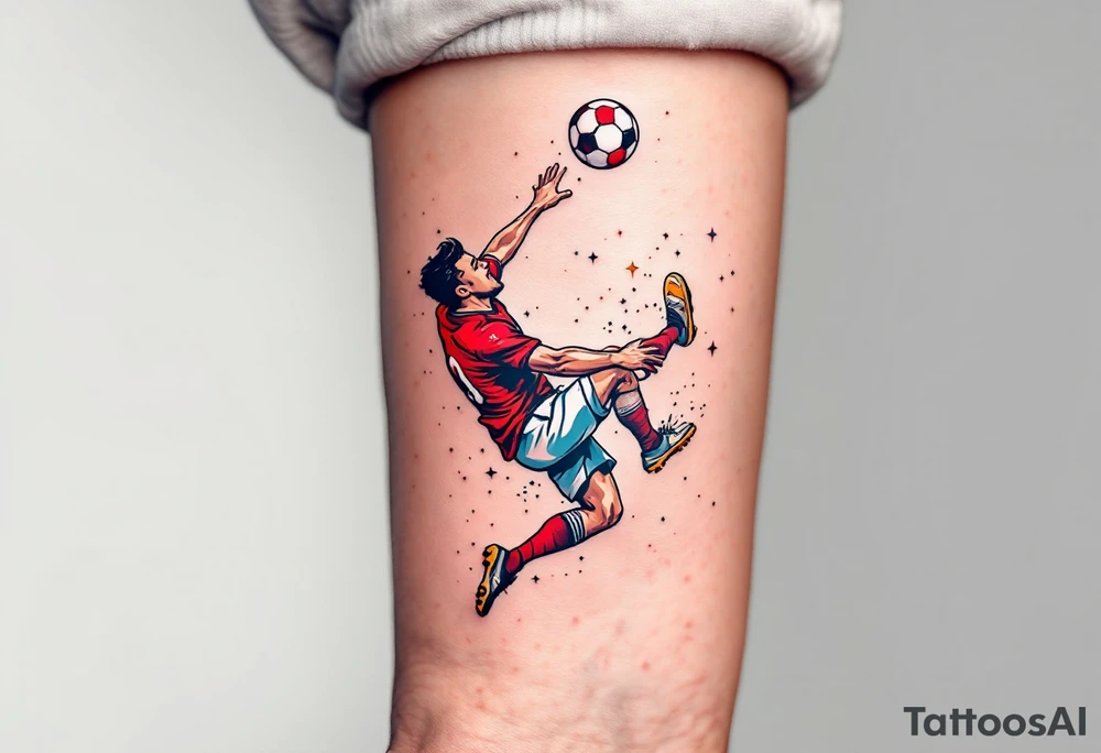 A comic-style football player doing a bicycle kick, red jersey sparkling, white shorts flying, with a red-and-white ball overhead. tattoo idea