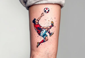 A comic-style football player doing a bicycle kick, red jersey sparkling, white shorts flying, with a red-and-white ball overhead. tattoo idea
