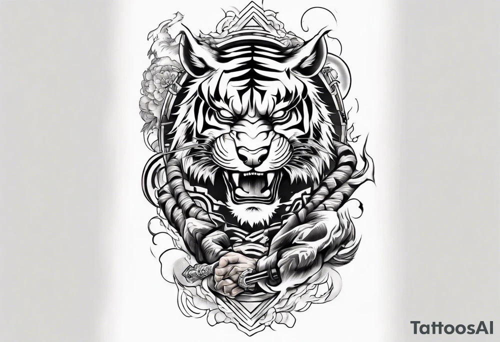 tiger warrior with lightning and the sun for a forearm sleeve tattoo idea