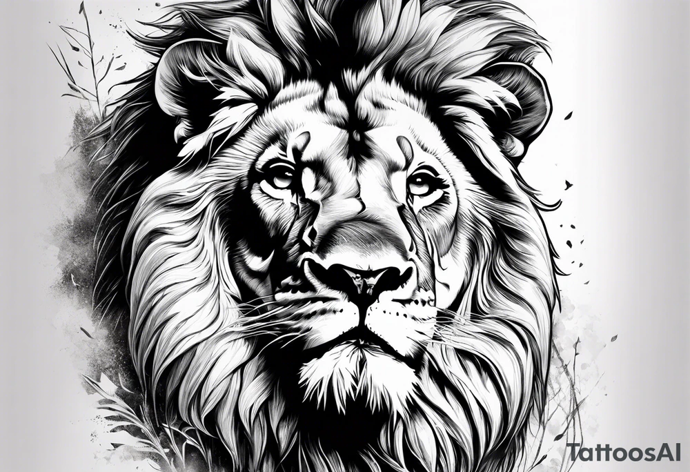 Powerful lion up close with nature in background tattoo idea Powerful lion up close with nature in background tattoo idea