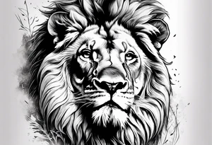 Powerful lion up close with nature in background tattoo idea