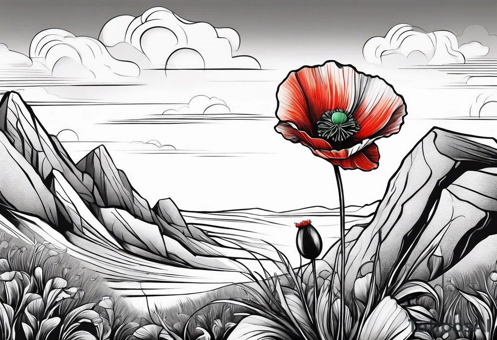 Lone  poppy growing out of boulder in distance tattoo idea