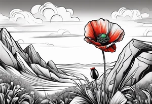 Lone  poppy growing out of boulder in distance tattoo idea
