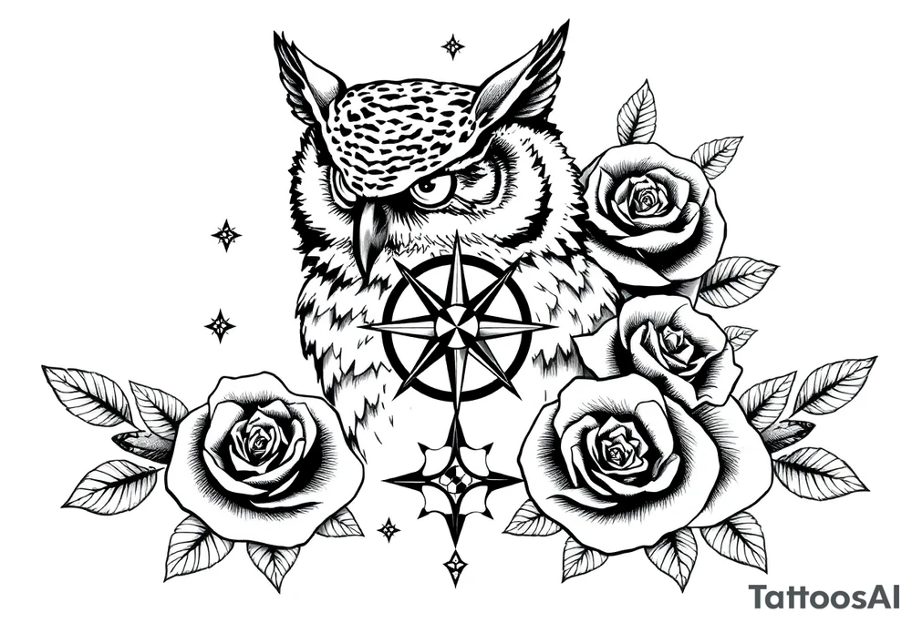 an owl,compass,roses,stars. tattoo idea