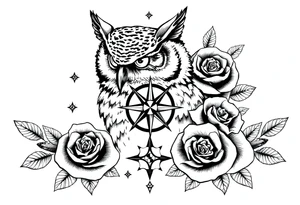 an owl,compass,roses,stars. tattoo idea