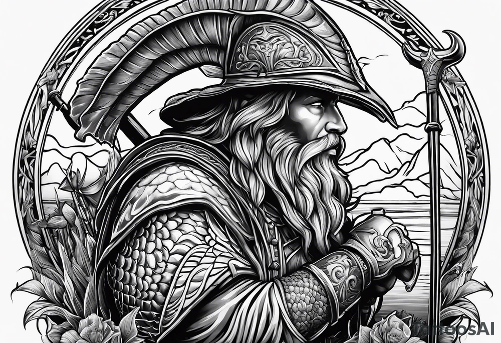 fisherman by the pond, Angel, rams skull, gladiators helmet tattoo idea