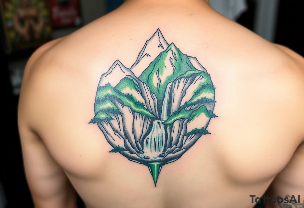 သား  surrounded by a colorful green mountainside with a waterfall tattoo idea