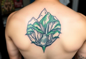 သား  surrounded by a colorful green mountainside with a waterfall tattoo idea