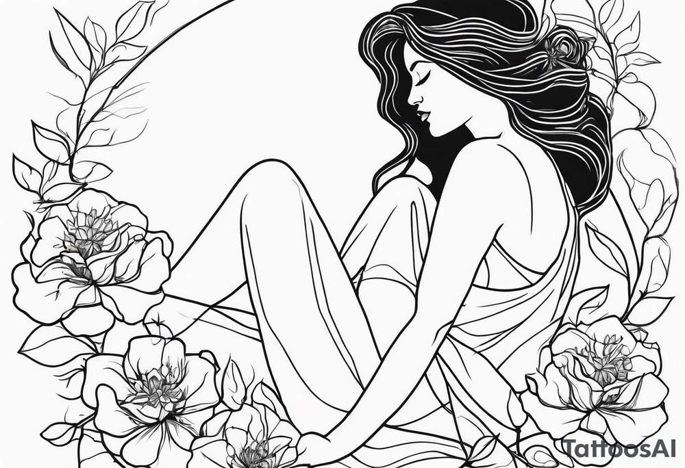 Woman figure drawn by one continuous line ending in a wild rose tattoo idea