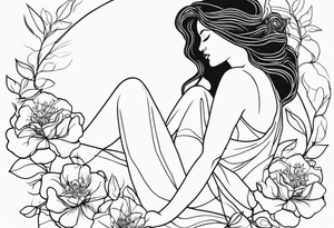 Woman figure drawn by one continuous line ending in a wild rose tattoo idea