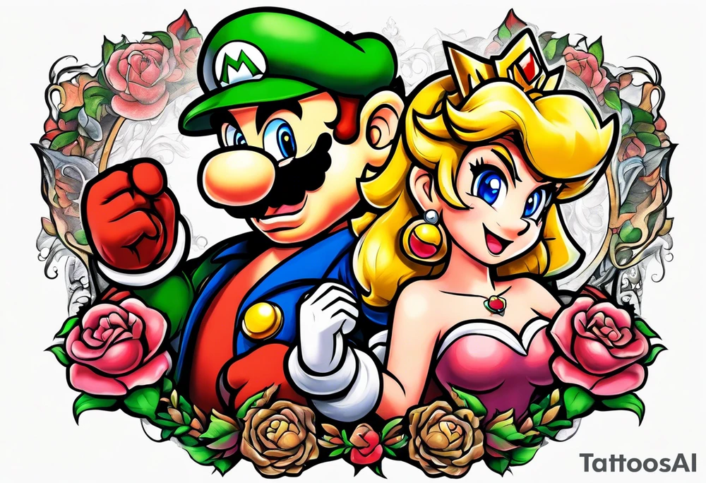 bowser holding Mario and Luigi severed heads with princess peach by bowsers side tattoo idea