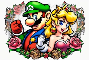 bowser holding Mario and Luigi severed heads with princess peach by bowsers side tattoo idea