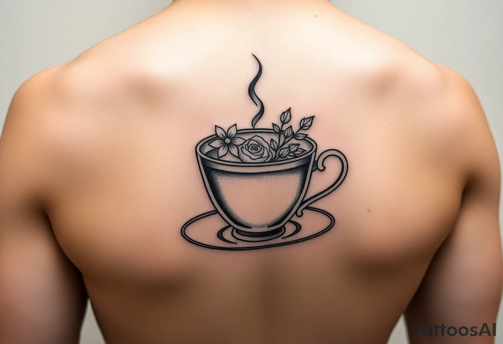 Dainty cup of tea with small floral arrangement tattoo idea