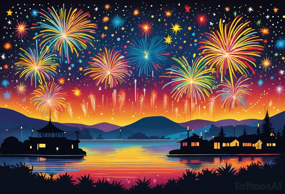 Fireworks burst across the night sky, surrounded by glowing candles and stars, capturing the magic and nostalgia of Colombian December nights. The scene is vibrant with multi-colored lights and an air of celebration. Soft linework mist or halos around the fireworks adds a magical, dreamy quality to the scene. The tattoo reflects joy and tradition, with an emphasis on warmth and festivity. tattoo idea