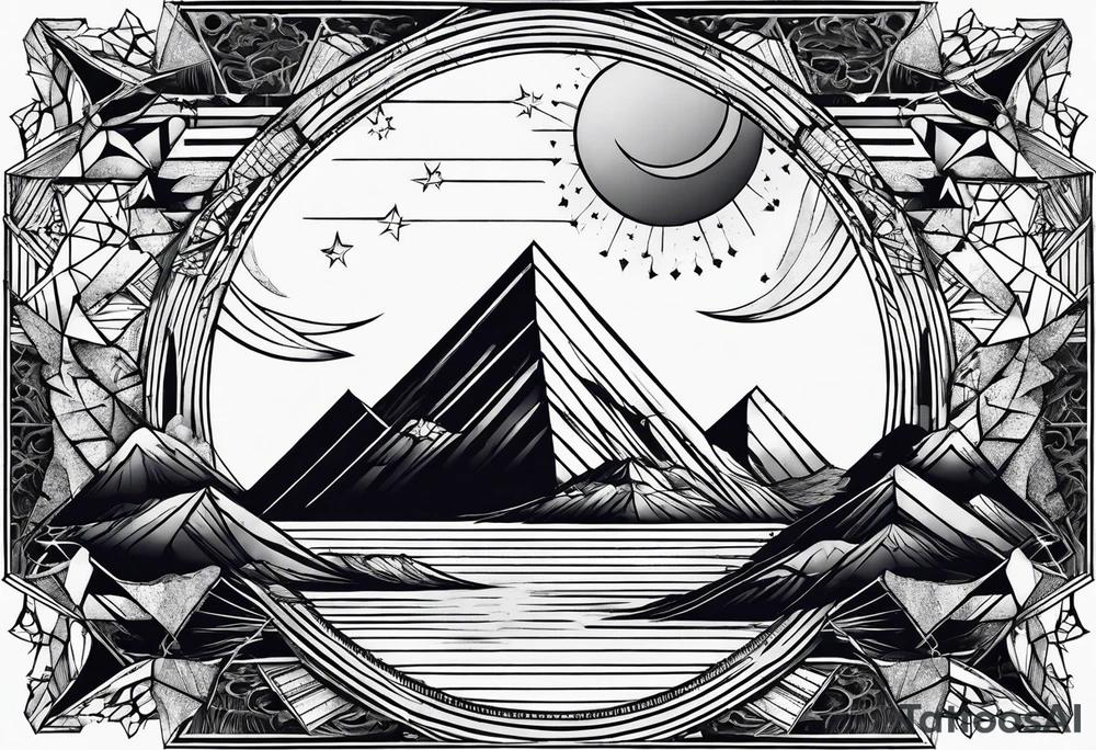 Linear composition, double triangle, unclosed delta, crescent moon, birds tattoo idea