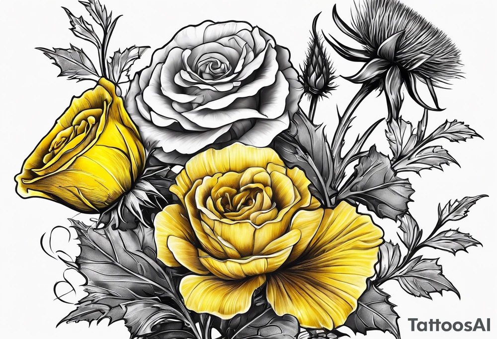 3 flowers, A thistle and a yellow rose and a shamrock, whose stems spell K N D. tattoo idea