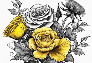 3 flowers, A thistle and a yellow rose and a shamrock, whose stems spell K N D. tattoo idea