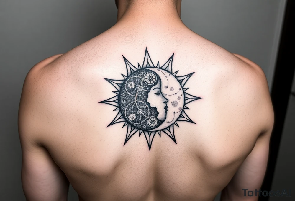 celestial sun and moon embrace with constellation patterns tattoo idea