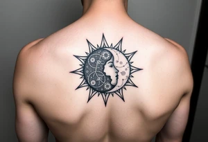 celestial sun and moon embrace with constellation patterns tattoo idea