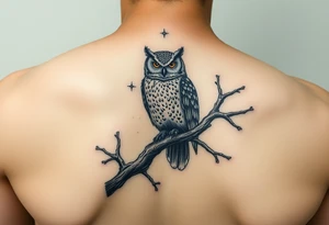 wise owl perched on ancient oak branch under starlit sky tattoo idea