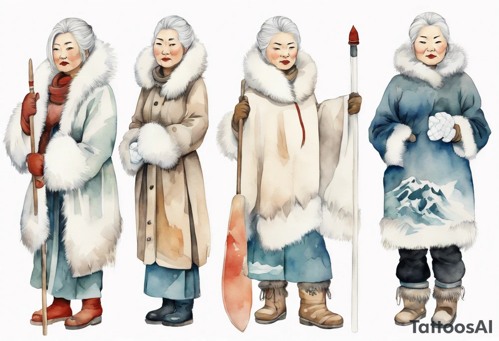 a middle aged Inuit woman with white hair, wearing fur mittens, holding a white staff, wearing mukluks, standing on an iceberg tattoo idea