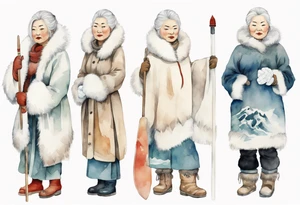 a middle aged Inuit woman with white hair, wearing fur mittens, holding a white staff, wearing mukluks, standing on an iceberg tattoo idea