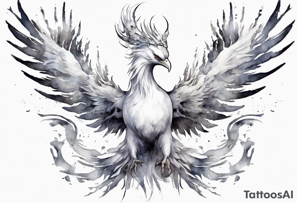 a white phoenix wearing steel crown around its head tattoo idea