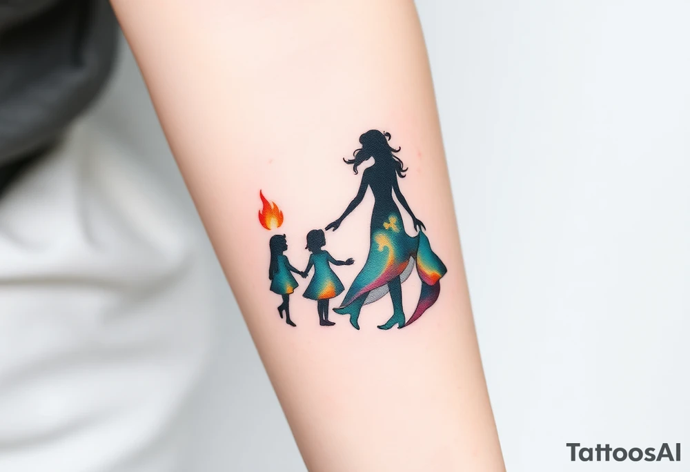 Silhouette of a mother passing 2 flames to two daughters tattoo idea