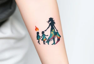 Silhouette of a mother passing 2 flames to two daughters tattoo idea