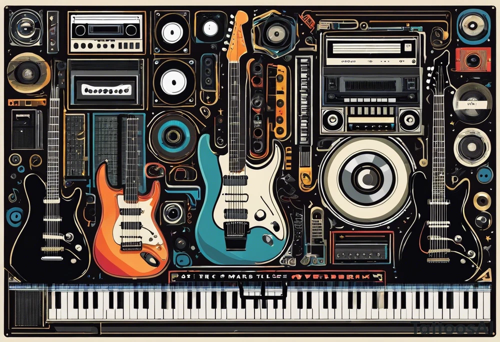 A stylized assembly of various music-related elements. At the center is a cassette tape with realistic details and proportions. It is overlaid with a keyboard, the keys extending outward on one side. There are electric guitars and drums. Intertwined with these are abstract designs, including straight and wavy lines, geometric shapes like triangles, and scientific elements like an atom model. tattoo idea