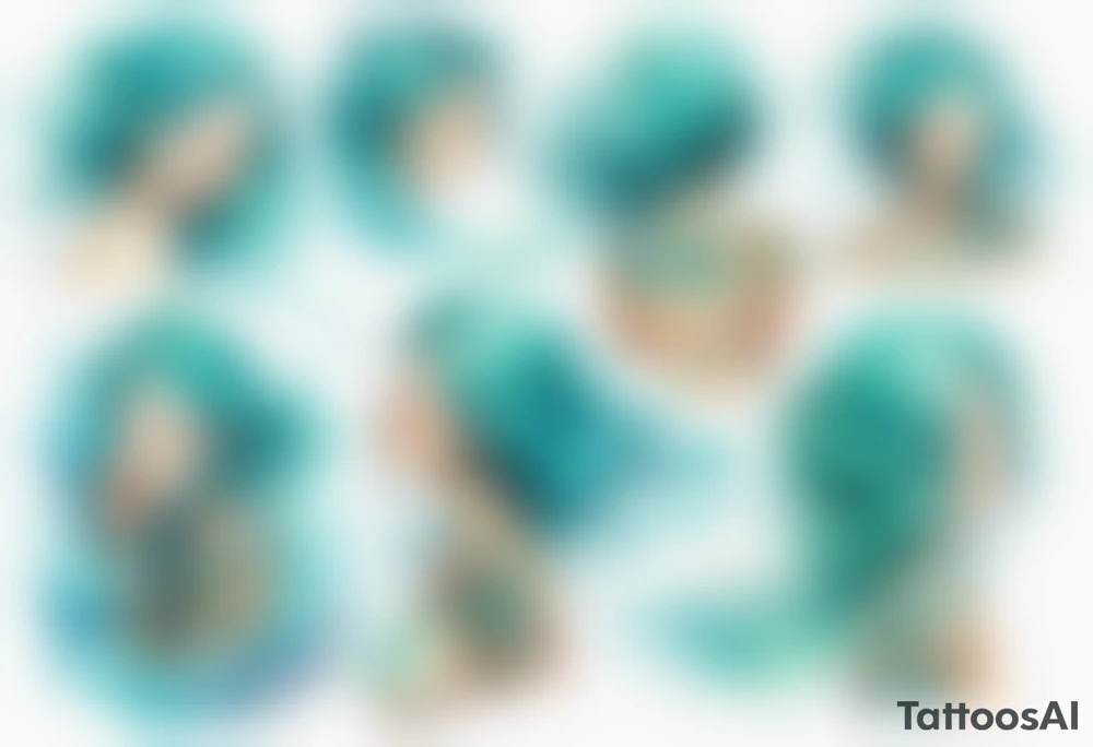 a woman made out of water emerging from the sea, turquoise hair tattoo idea