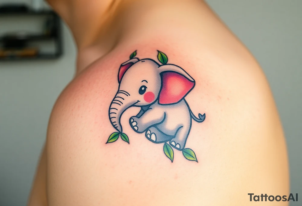 A baby elephant holding its parent’s trunk, surrounded by soft green leaves and warm earth tones, symbolizing guidance and protection tattoo idea