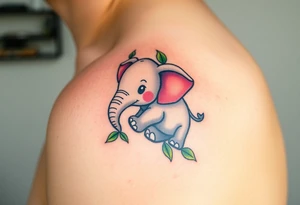 A baby elephant holding its parent’s trunk, surrounded by soft green leaves and warm earth tones, symbolizing guidance and protection tattoo idea