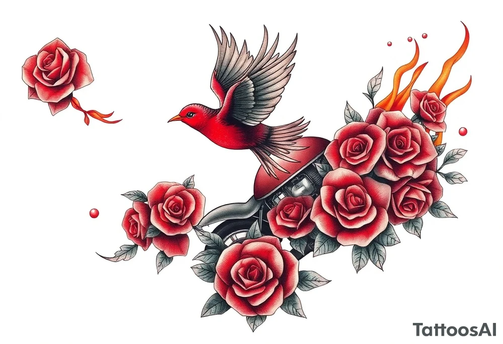Motorcycle, red bird flying, roses and lace, flames tattoo idea