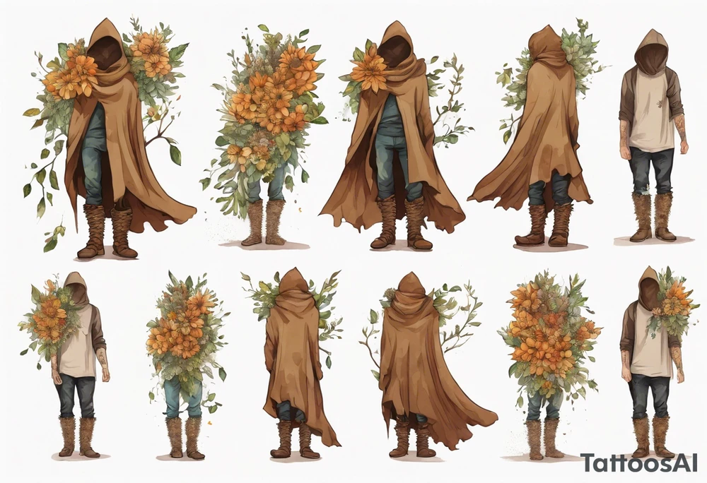 A tall, beautiful tree-man hybrid with leafy hair and a cloak made of flowers. Wearing brown mukluks. tattoo idea