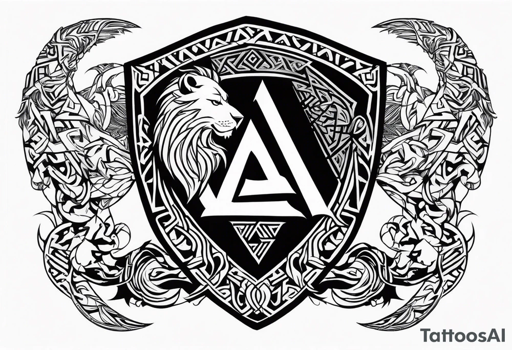 Valhalla sword shield dragon axe Valknut tribal lion tattoo idea