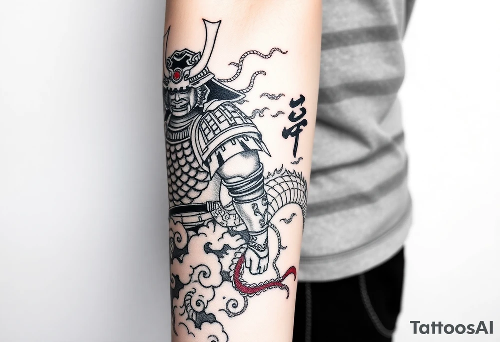 Samurai warrior with traditional armor entangled with a Japanese dragon, mythological elements, flowing composition, black ink tattoo style with red accents, swirling clouds, ornamental Japanese patterns, sketch-style linework, vertical tattoo layout for forearm or sleeve build-out tattoo idea